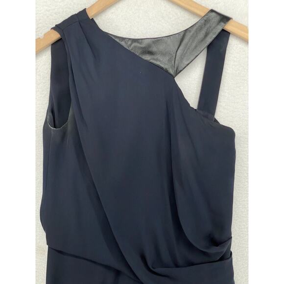 J. MENDEL Dress 6 Sheath Silk Georgette Leather Pleated Sleeveless Navy Blue - Picture 1 of 12